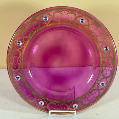JEWELED PURPLE GLASS CHARGER | Pink/purple decorative plate. - dia. 12.5 in

