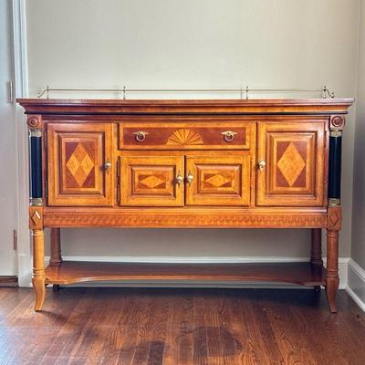 CUSTOM CONTEMPORARY SIDEBOARD BUFFET | Inlaid with various woods, brass hardware. Featuring half columns. - l. 60 x w. 19.5 x h. 39.5 in

