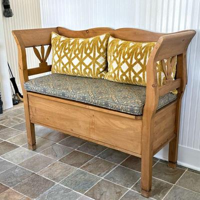 LIGHT-WOOD STORAGE BENCH | Includes cushion and pillows. - l. 45.5 x w. 19 x h. 36 in

