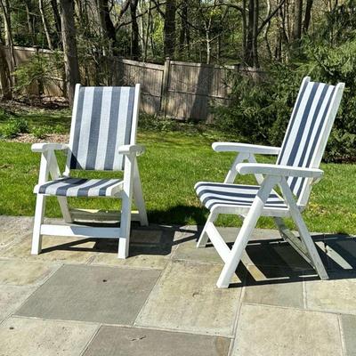 PAIR OF PLASTIC FOLDING LAWN CHAIRS | Blue and white stripe design, adjustable back. - w. 26 x h. 40 in (Approx)


