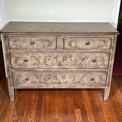 DREXEL HERITAGE COUNTRY PAINTED CHEST OF DRAWERS | 2 drawers over two full width drawers. Distressed pale/green tone with scrolls. - l....