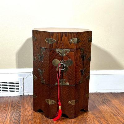 ASIAN OCTAGONAL CABINET/SIDE TABLE | Korean or Japanese chest with double cabinet doors and brass hardware, plastered interior with...