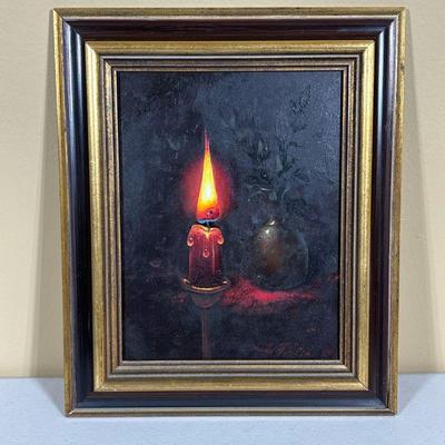 SIGNED CANDLE OIL PAINTING | Donald Allan 1966 oil painting depiction of a burning candle. - l. 12 x w. 10 in (with frame)

