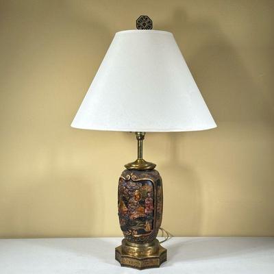 LARGE TABLE LAMP | Asian gold tone table lamp with off-white shade. - dia. 16 in (with shade)

