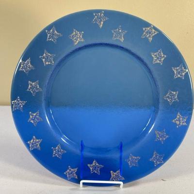 BLUE DECORATIVE STAR PLATE | Blue glass charger plate with white stars painted along rim. - dia. 12.5 in


