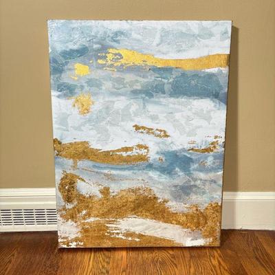 GOLD AND LIGHT BLUE ARTWORK | On canvas, signed by artist on bottom right - l. 32 x w. 24 in

