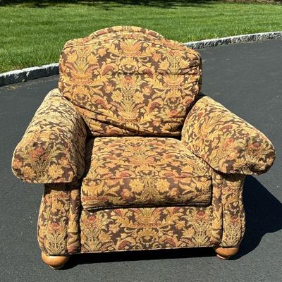UPHOLSTERED ARMCHAIR | Large brown tone floral upholstered armchair - l. 38 x w. 40 x h. 36 in

