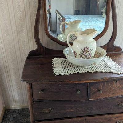 Vintage Wood Dresser with Original Swing Mirror
