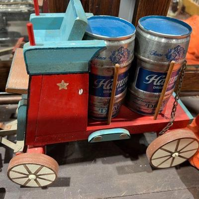 Wooden Hamm's beer display wagon