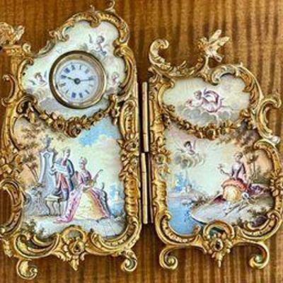 Antique Viennese Enamel & Gold Gilt Two Panel Screen Clock (as Is)