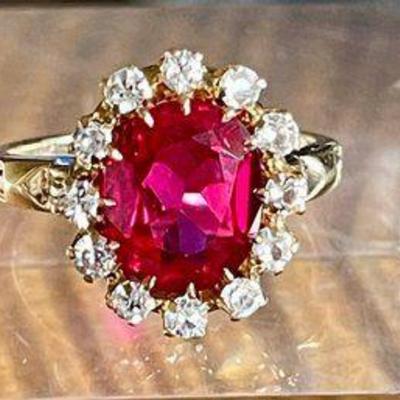 10K Yellow Gold 13 Stone Ring - 3.92 Carat Synthetic Ruby & Synthetic White Sapphires Size 6.75 GIA Appraisal