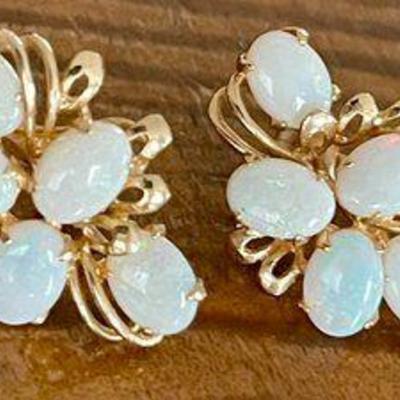 Pair Of Gold Tone And 5 Cabochon Opal Stone Post Earrings