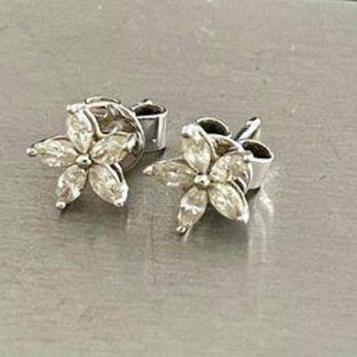14K White Gold & Diamond Floral Earrings W Appraisal - Each Has 5 Marquise Cut Diamonds .47 Carat Total