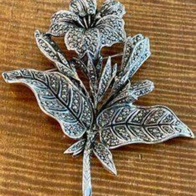 Vintage Silver Tone & Marcasite Flower Pin 