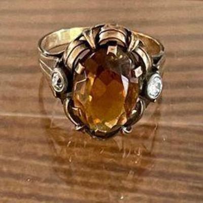 Art Deco 14k Gold - Diamond And Citrine Size 6.25 Ring - Total Weight 3.5 Grams