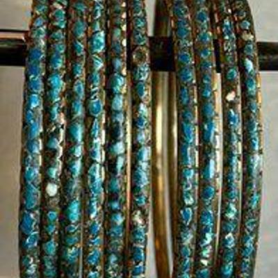 10 Vintage Turquoise Inlay Brass Bangle Bracelets Stamped India (as Is)