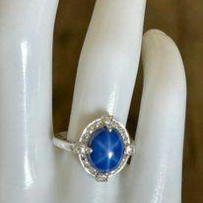 14K White Gold & 6.25 Carat Synthetic Blue Star Sapphire Ring Size 7.5 W .18 Carats Diamonds - GIA Appraisal