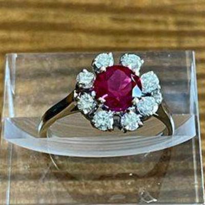 14K Gold Ring With 1.32 Carat Synthetic Ruby & 8 Diamonds (.58 Carats) Size 7.5 - GIA Appraisal - 3.28 Grams