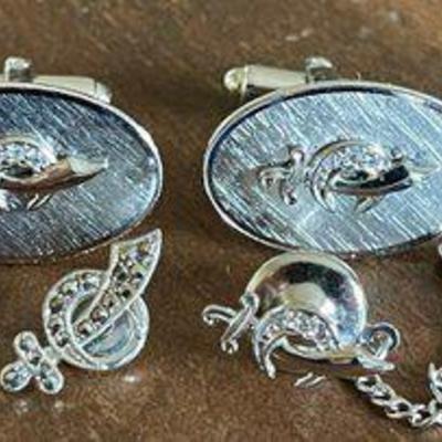 Anson Sterling Silver & Diamond Shriner's Cuff Links & Tie Tack And Hat Pin W Marcasite Stones - 14.8 Grams