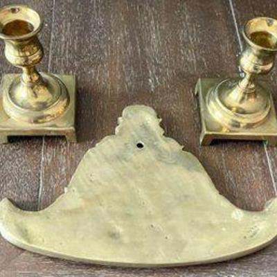 Vintage Solid Brass Burmese Triangular Spinning Gong Bell Kyeezee & Set Of Solid Brass Candle Holders