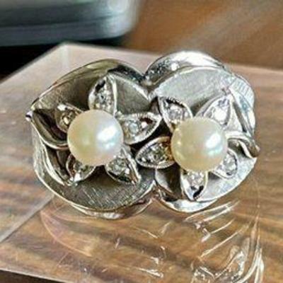 14K White Gold Size 7.25 Ring & 2 Akoya Pearls W 10 Bead Set Single Cut Diamonds & GIA Appraisal 8.69 Grams