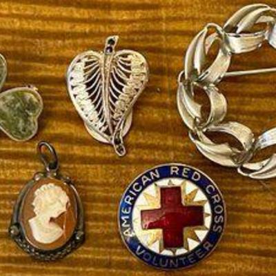 3 Sterling Silver Pins - 1 800 Silver Shell Cameo (as Is) 1 Enamel & Brass Red Cross Pin - Irish 3 Leaf Clover