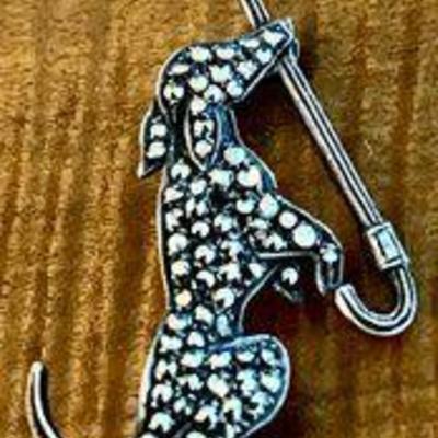 Vintage Art Deco Silver & Marcasite Dog Holding A Walking Stick Pin Brooch - Total Weight 6.3 Grams