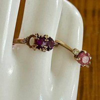2 Vintage 14K Gold Rings - Amethyst & Pink Stone W Small Diamonds (as Is) - Total Weight 3.5 Grams