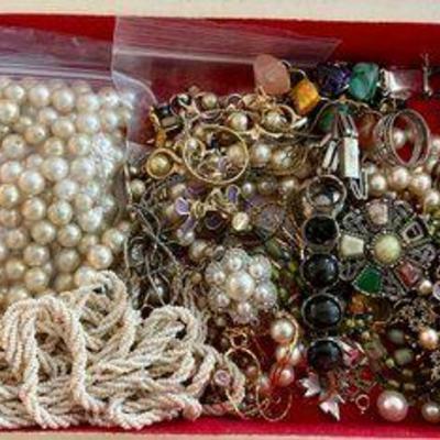 Book Box With Assorted Jewelry For Parts Or Repair - Faux Pearls - Beads - Chains - Seed Beads - Rings & More