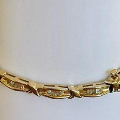 14K Yellow Gold And Baguette Diamond 7 Inch Tennis Bracelet - Total Weight 13.5 Grams Total