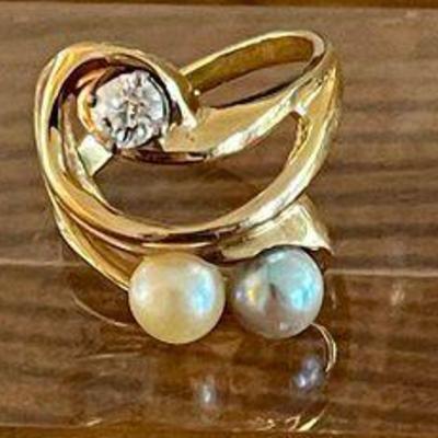 Gorgeous 14k Gold - Diamond - Cream & Grey Pearl Ring Size 8 - Total Weight 6.4 Grams