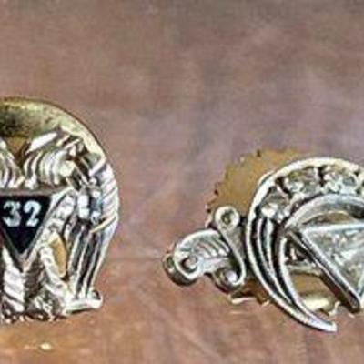 14K White Gold Top Vintage 1932 Double Headed Eagle Masonic Pin & Diamonds & White Gold Shriner Sword