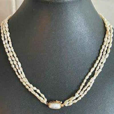 14K Gold 585 Fresh Water Pearl 3 Strand 16 Inch Necklace