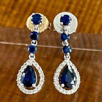 14K White Gold - Sapphire & Diamond Drop Earrings With Appraisal - Total Weight 2.7 Grams