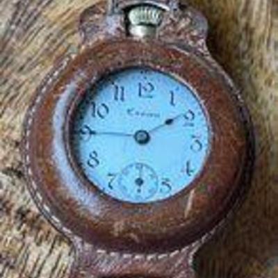 Crown Watch Company Pocket Watch 314257 With Antique Leather Band (as Is)