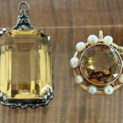 2 Vintage Faceted Citrine Pendants - 1 Square 835 Silver & 1 14K Gold & Pearl (as Is)
