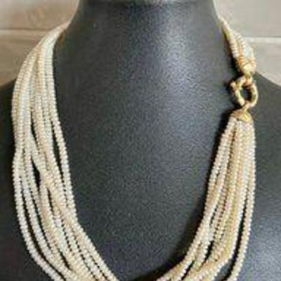 14k Gold 8 Strand 18 Inch Pearl Necklace