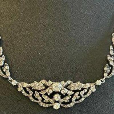 Art Deco Sterling Silver & Rhinestone 16 Inch Necklace