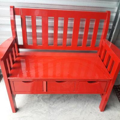 Red painted hall bench with 3 cubby/pull out drawers for storage $65.00