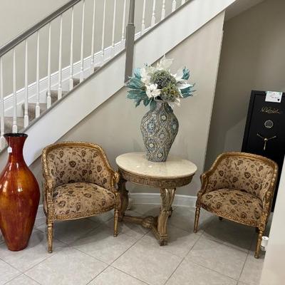 French Empire Gilded Rams Head Accent Chairs and Vintage 