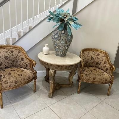 French Empire Gilded Rams Head Accent Chairs and Vintage Hand Carved Marble Top Table