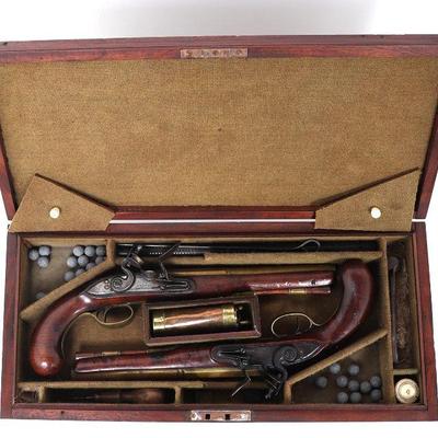 Cased Pair of English Brass Barrel Pistols, by J. Bailey circa. 1770