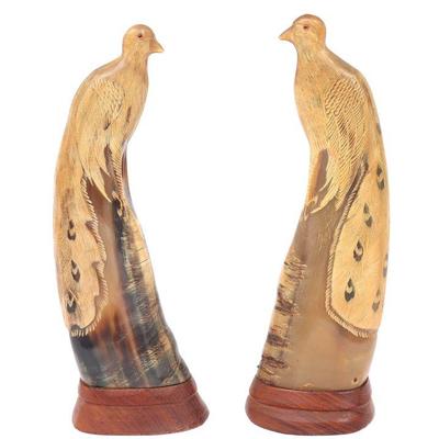 Elegant Pair of Carved Horn Birds