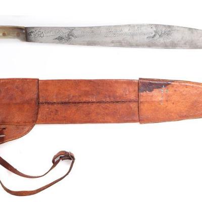 Engraved Mexican Eagle Head Machete Sword w/ Scabbard
