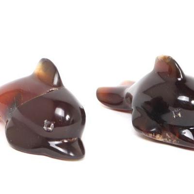 Pair of Blue Amber Carved Dolphins