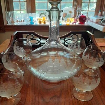 Vintage Tuscany etched glass decanter set - clipper ship