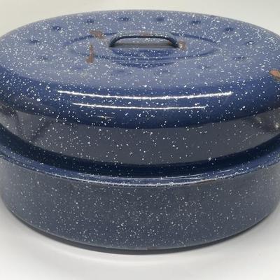 Vintage Blue Speckled Graniteware Aluminum Roaster