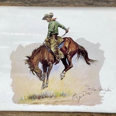 Frederic Remington Print Under Glass With Wooden Frame