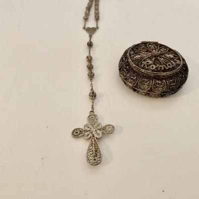Antique 800 silver filigree box with rosary beads