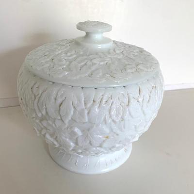 Unusual milk glass bowl with cover